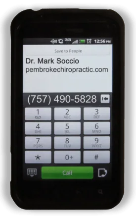 Android smartphone screen displaying contact information for Dr. Mark Soccio with phone number 757-490-5828 and website pembrokechiropractic.com