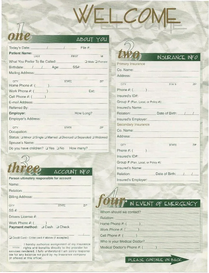Medical office welcome form with sections for patient information, insurance details, account information, and emergency contact
