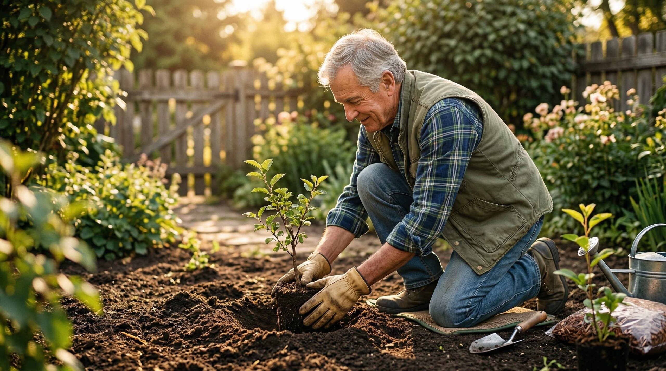 Older man kneeling in a garden bed, planting a seedling in soil while wearing work gloves and a vest